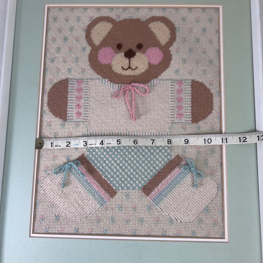 Framed Teddy Bear Needlepoint Art Pastel Nursery Decor‎ Baby Room Embroidery - Picture 6 of 8
